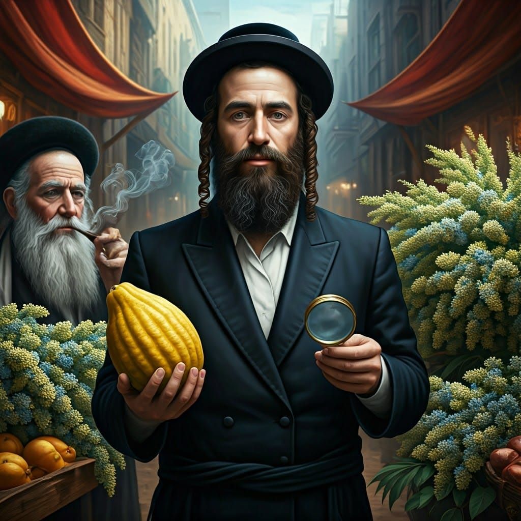 Hasidic Jew with Etrog in Bustling Market