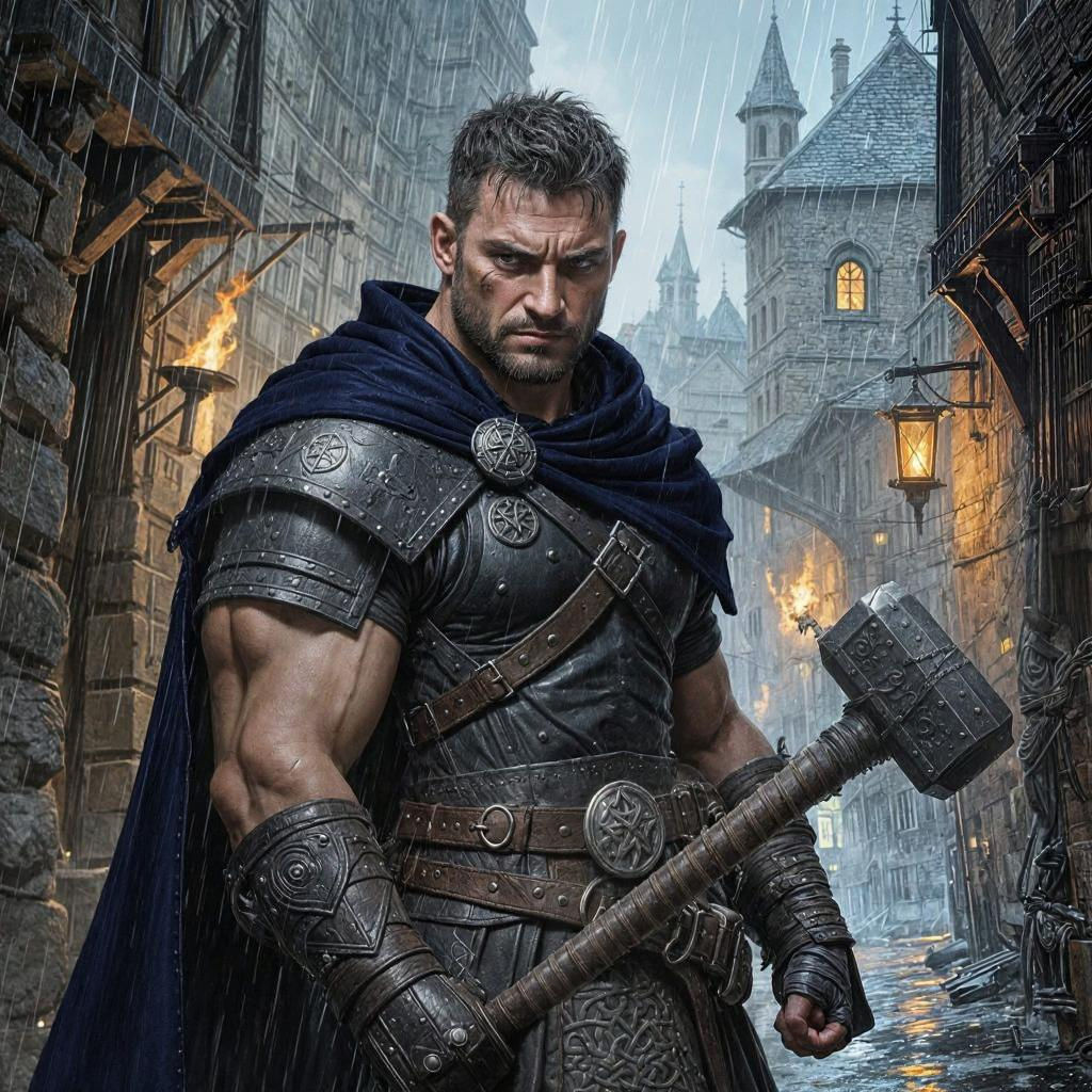 Intimidating Fighter in Rainy Sant Loux Alley