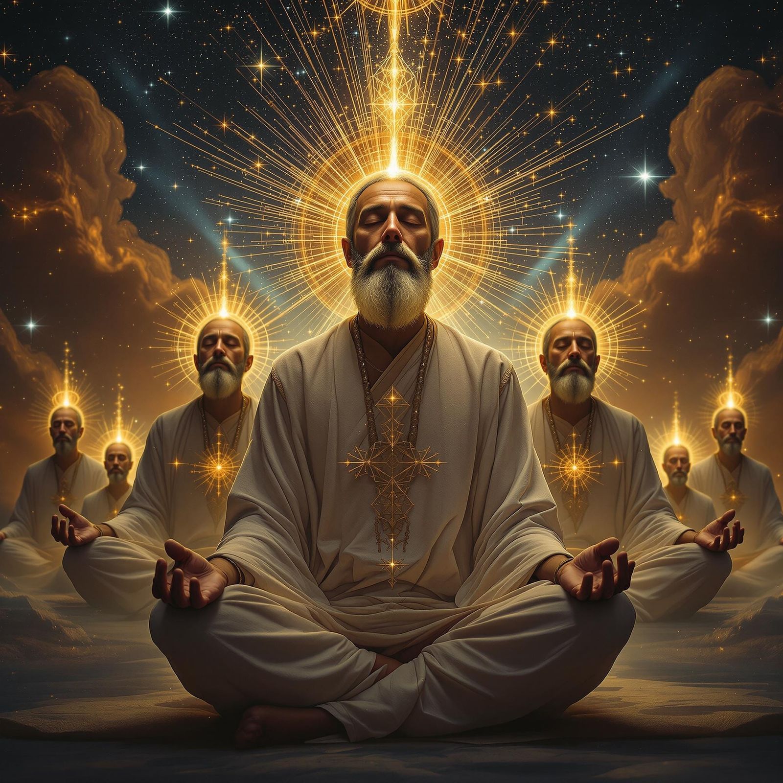Meditating Men: Photorealistic Portrait with Cosmic Mysticis...