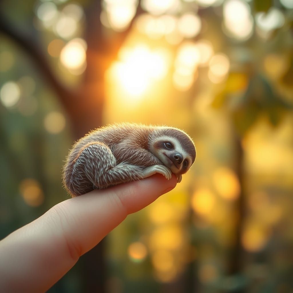 Tiny Sloth Relaxing on Fingertip, Macro Photography Style