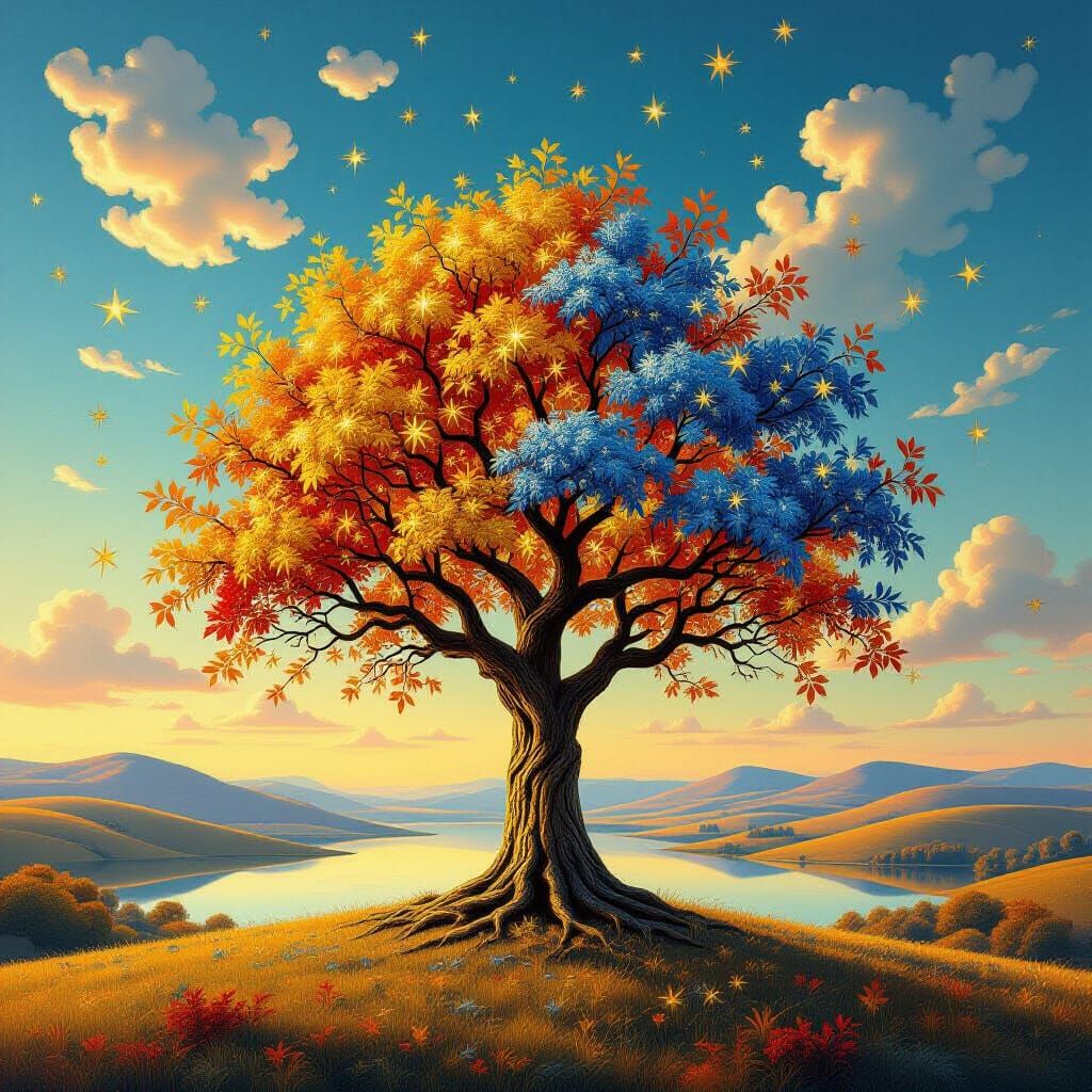 Surreal Golden Tree Under Vibrant Dreamlike Sky