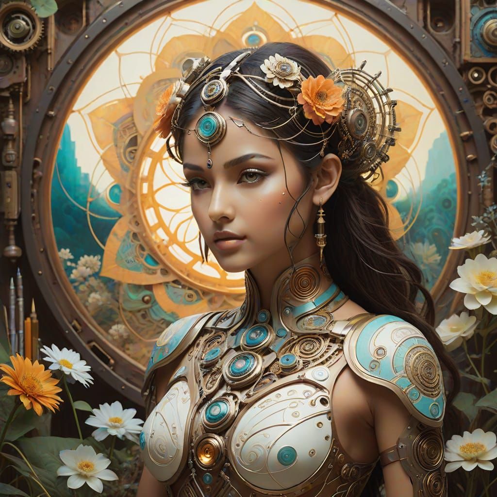 Cyborg serenity dances in sacred light and nature