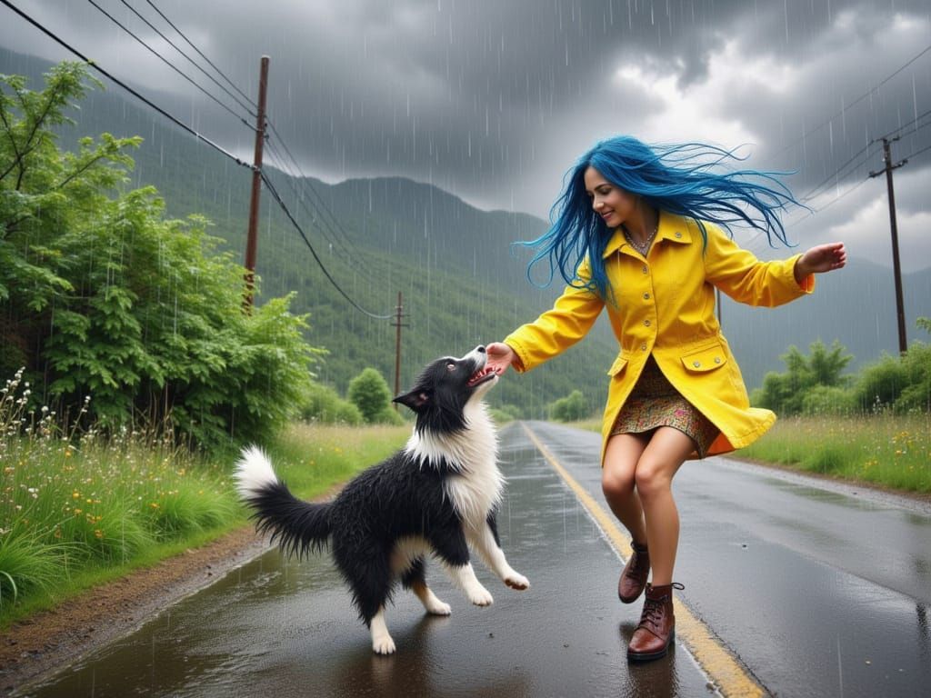<lora:FiosAnimalsInTheRain:1.0> Woman and her dog playing in...