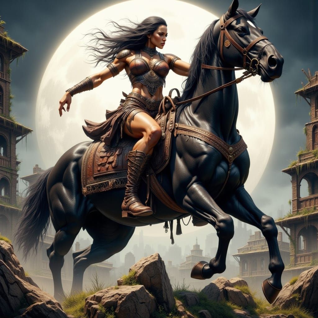 Amazon Warrior in Traditional Attire Rides a Majestic Black ...