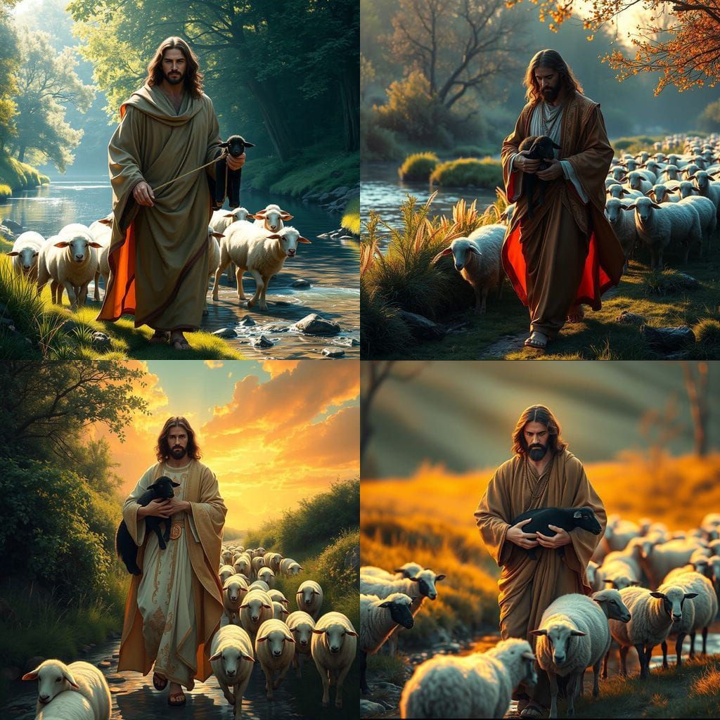 Jesus Christ with the Black Sheep among White Flock in a Vib...