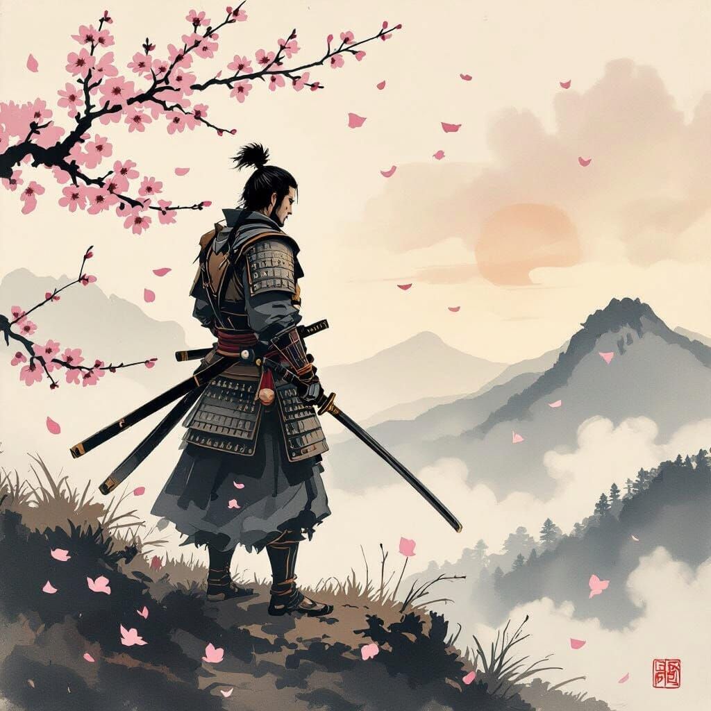 Samurai on Misty Mountaintop in Japanese Ink Wash Style