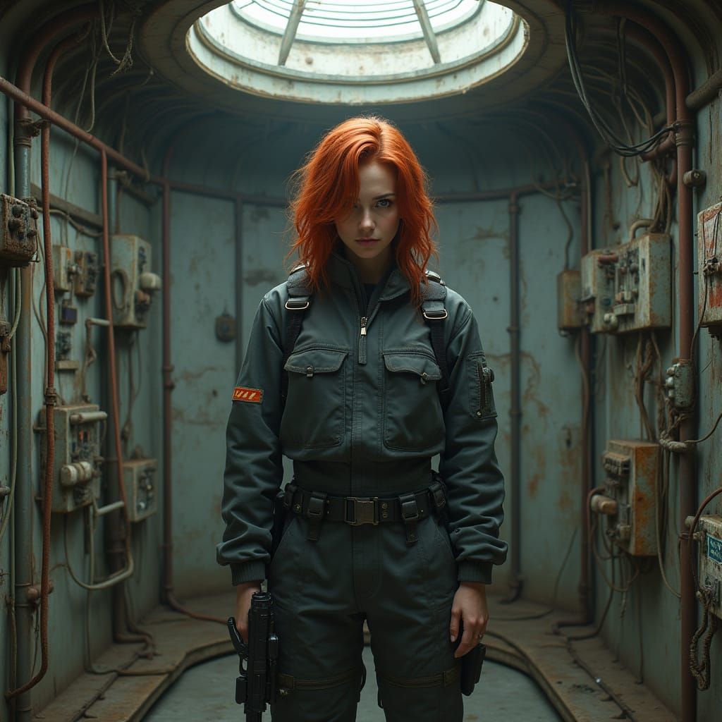 Hyper Realistic Circular Chamber with Ladder and Woman in En...