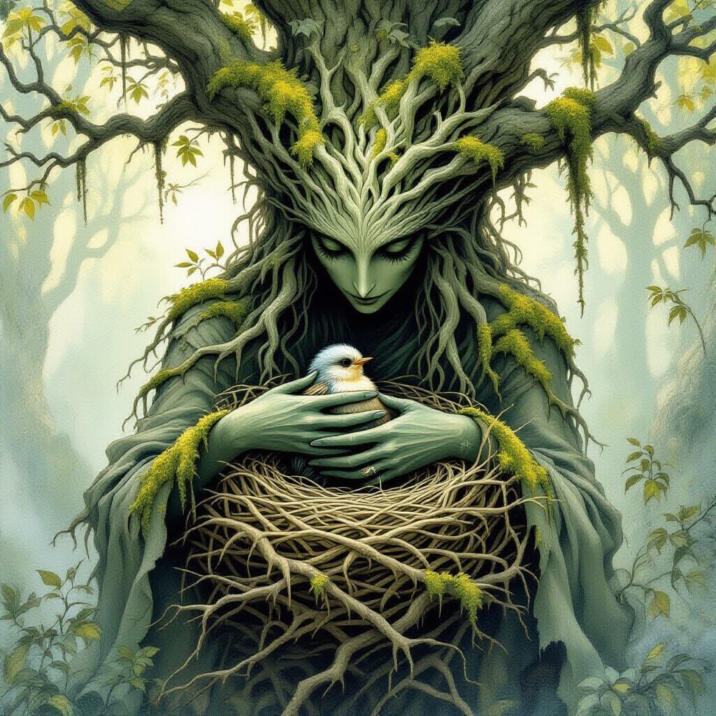 Ancient Tree Spirit Protects Baby Bird in Ethereal Forest