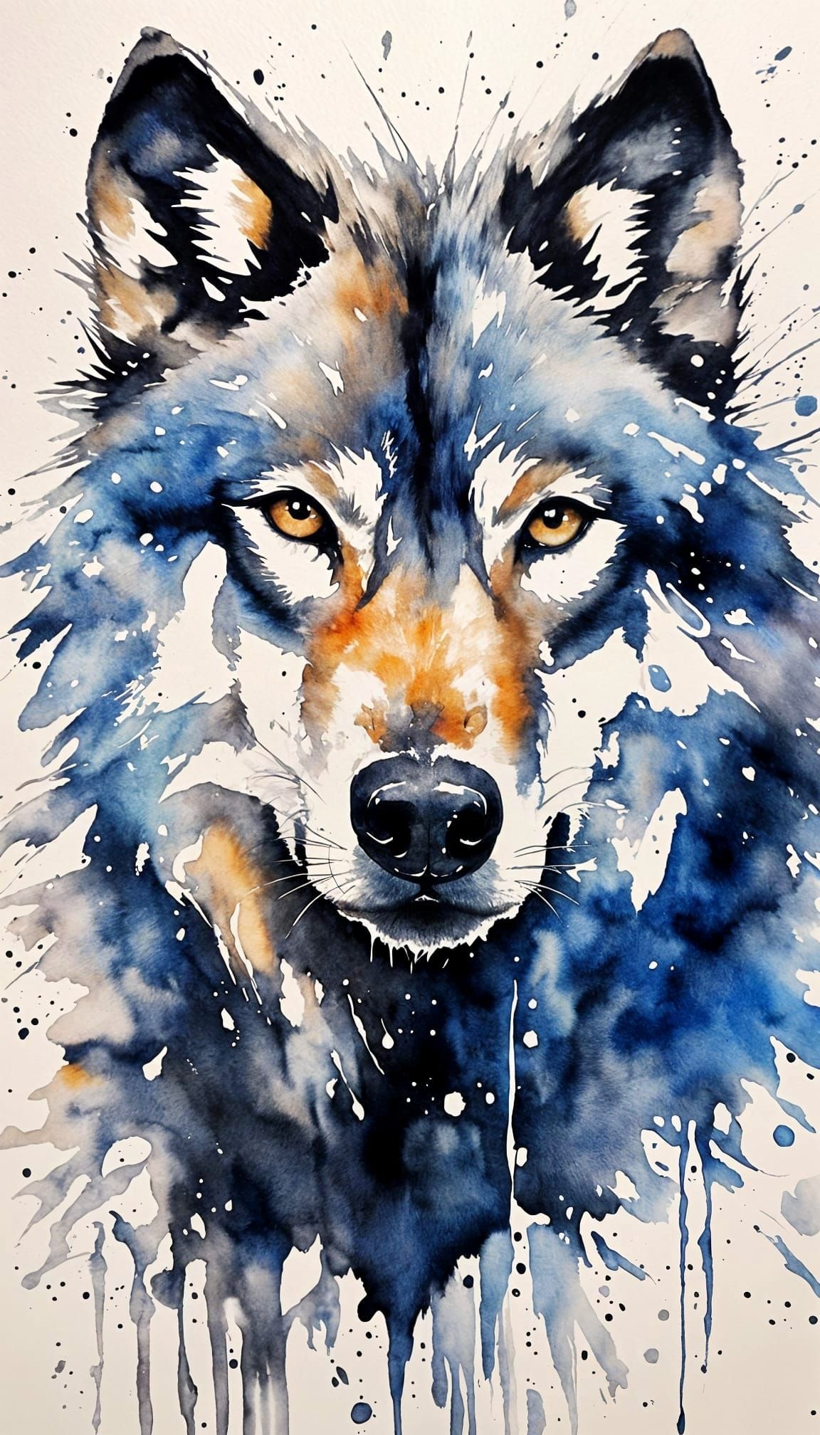 Ink Wolf Breaking into Watercolor Splashes