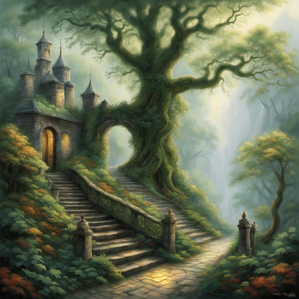 Ethereal Stone Castle Embraced by Nature in Hyperdetailed Fa...