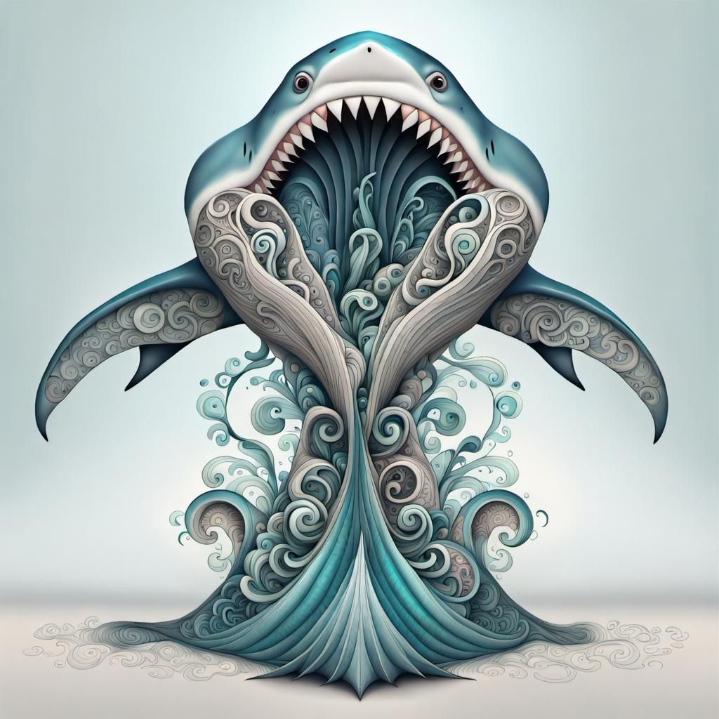 Shark Wave with Ornate Doodles and Fractal Patterns