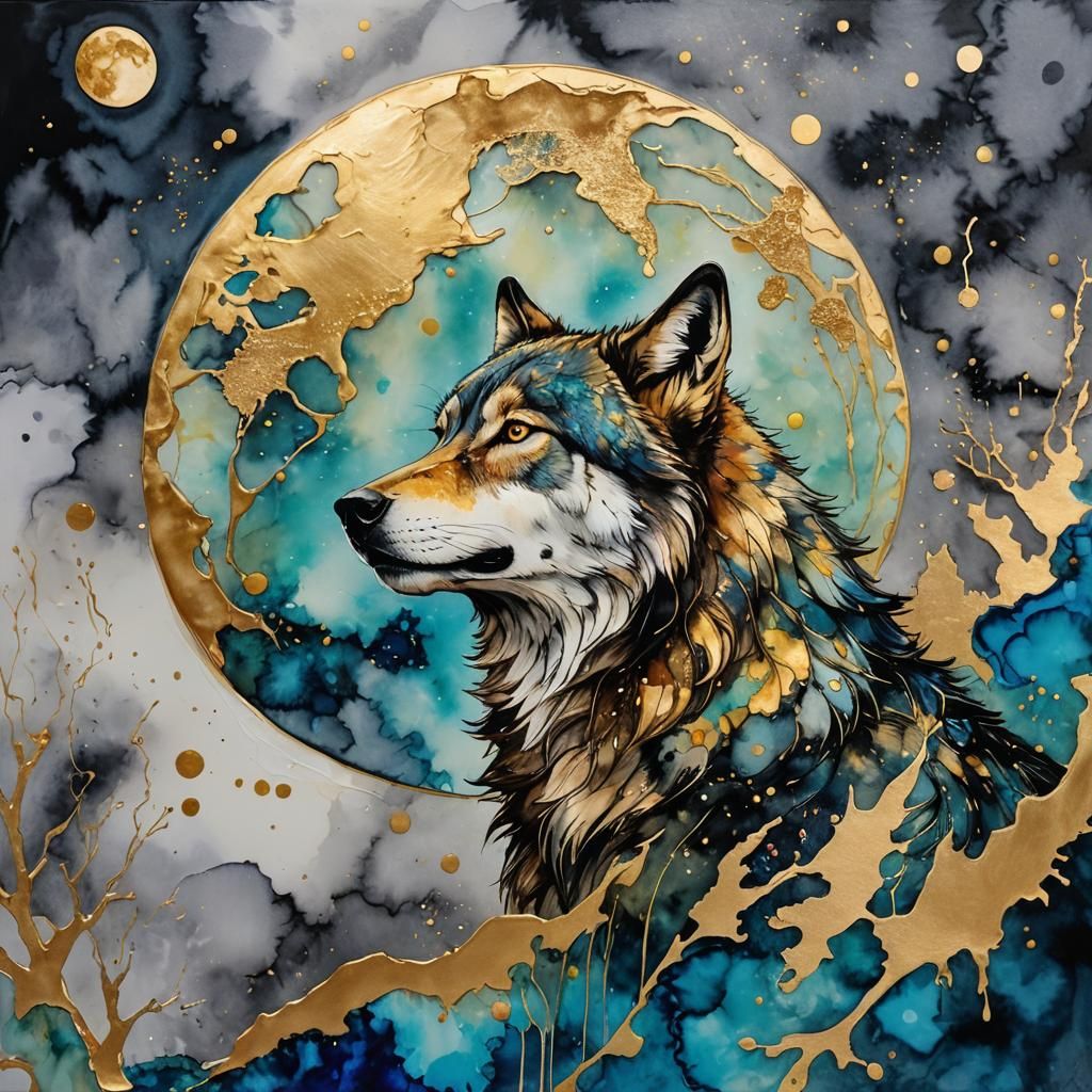 Wolf Howling at Moon in Alcohol-Ink Marbling