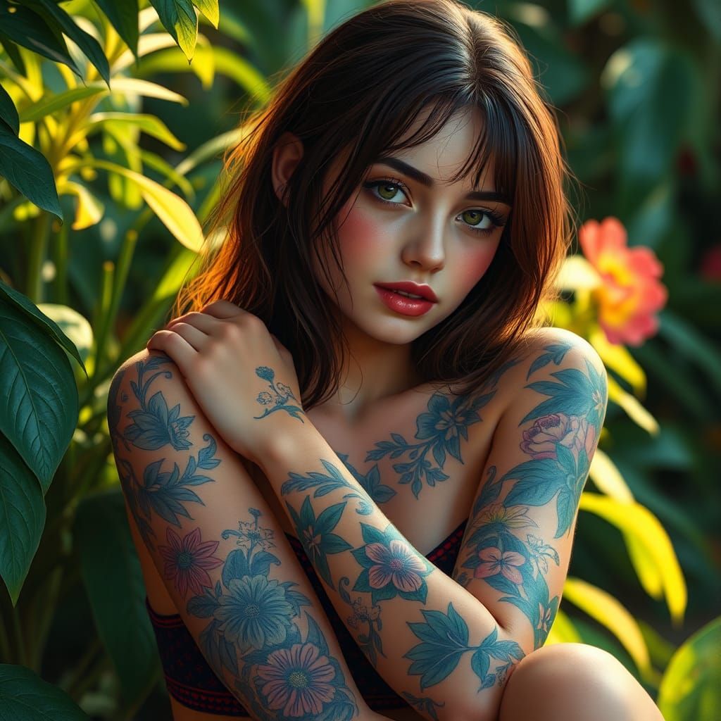 Tattooed Woman in Lush Garden, Digital Art
