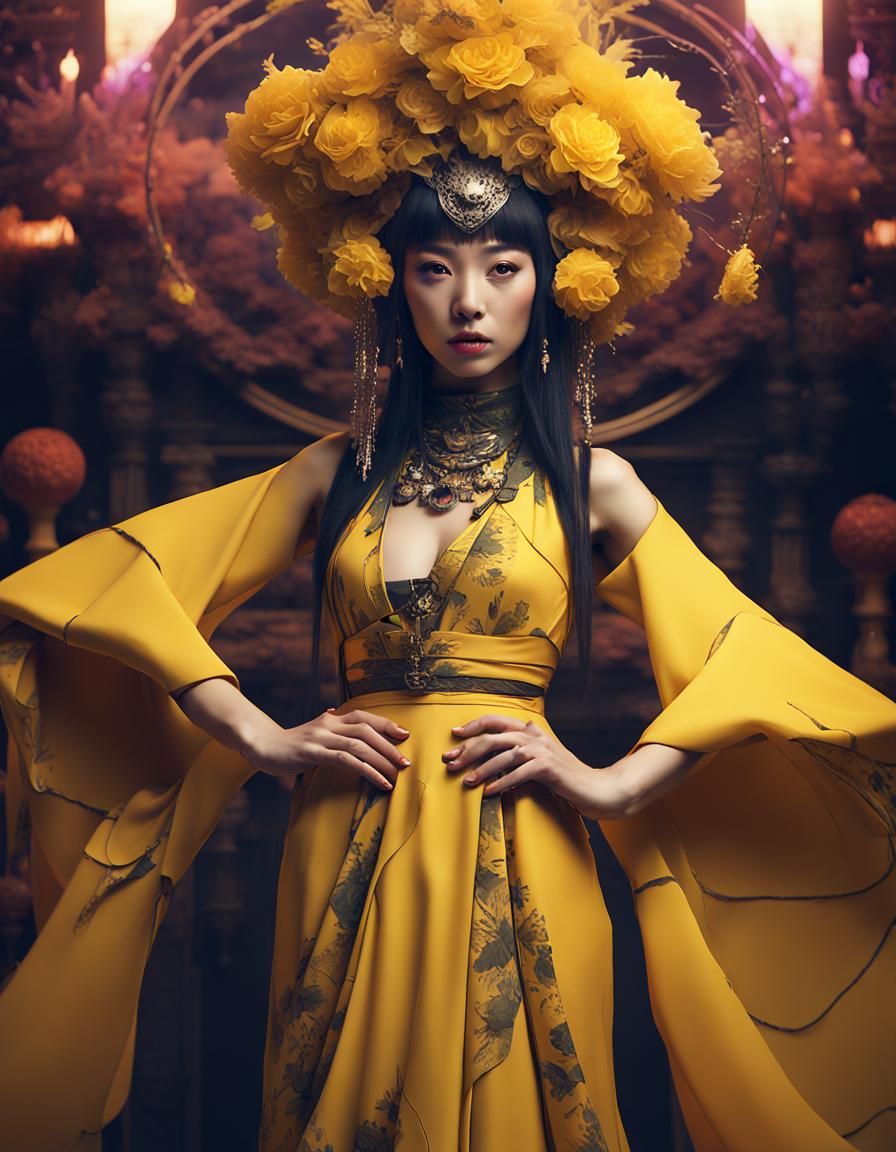A beautiful Japanese female pop artist in a yellow bohemian ...