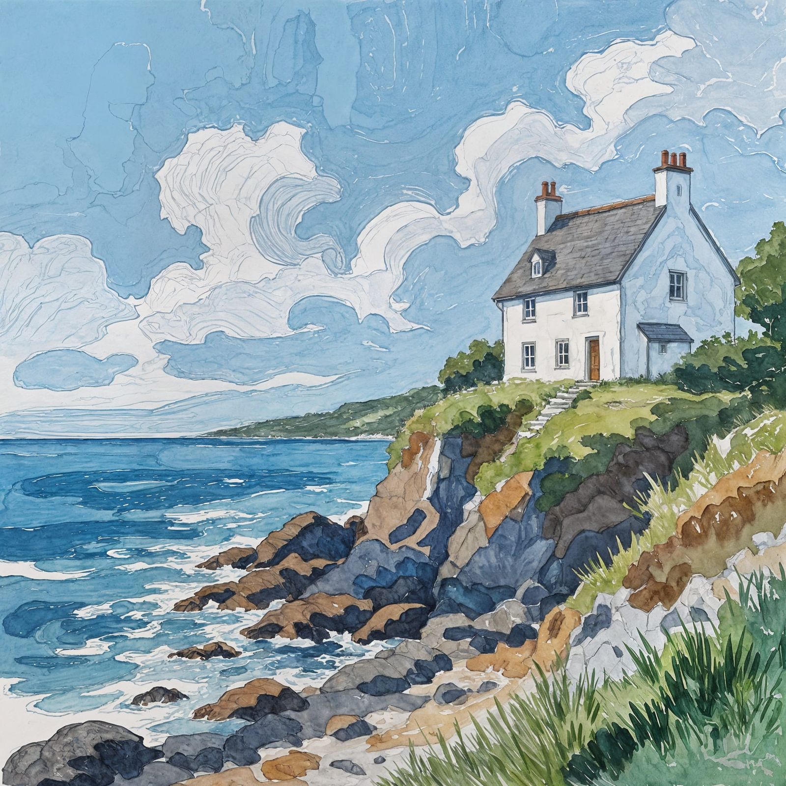 Minimalist Watercolor House on Coastal Cliff