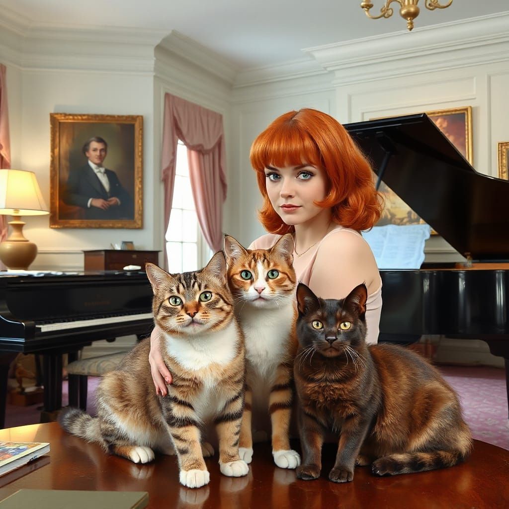 Luxurious Aristocats Scene with Elegant Woman and Adorable K...