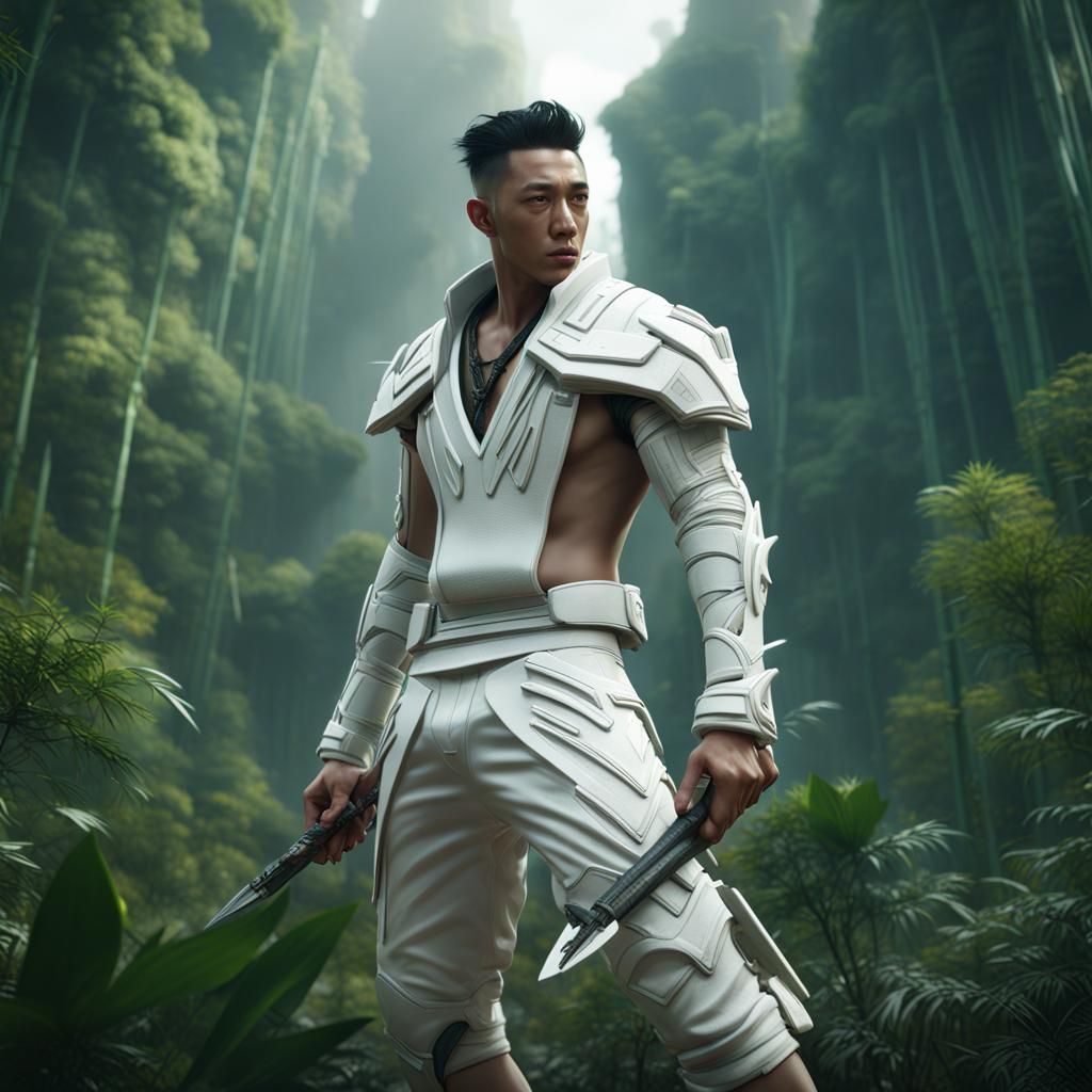 Futuristic Warrior in Bamboo Forest, Digital Matte Painting