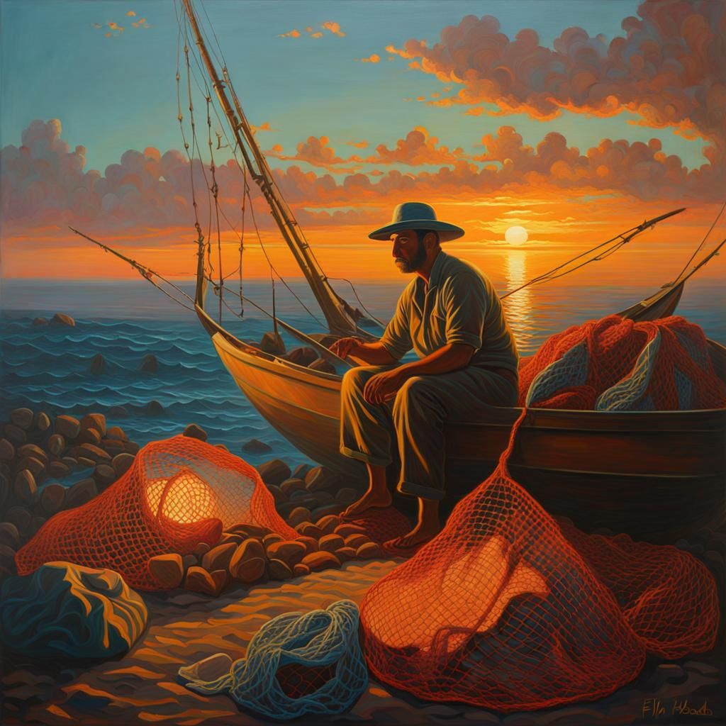 Fisherman Resting: Oil Painting in Magical Realism