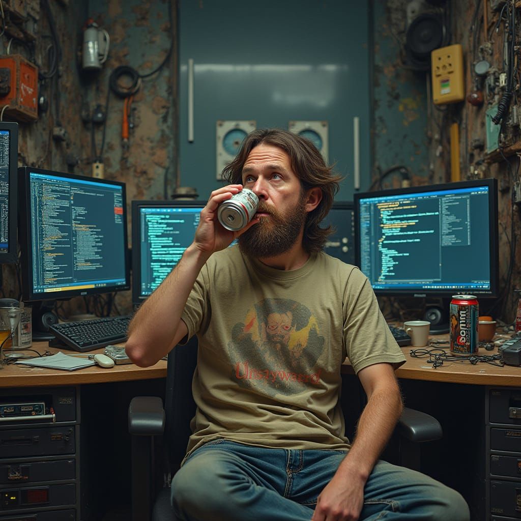 Disheveled Software Engineer in Gritty Tech Environment