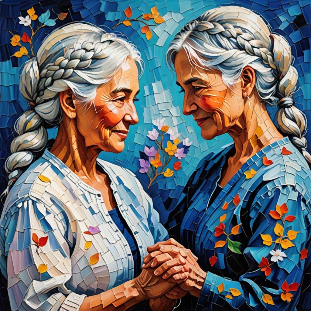 Joyful Women with Braided White Hair Unite in Harmony
