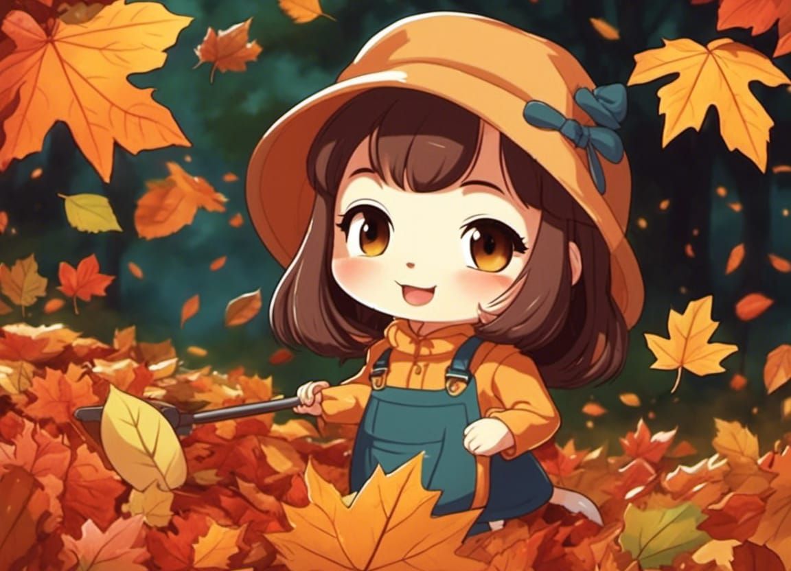 Chibi Girl Raking Leaves in Anime Style