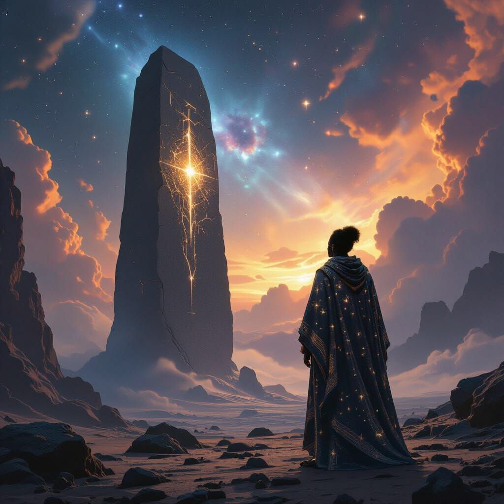 Afrofuturist Explorer Gazes at Monolith in Cosmic Landscape