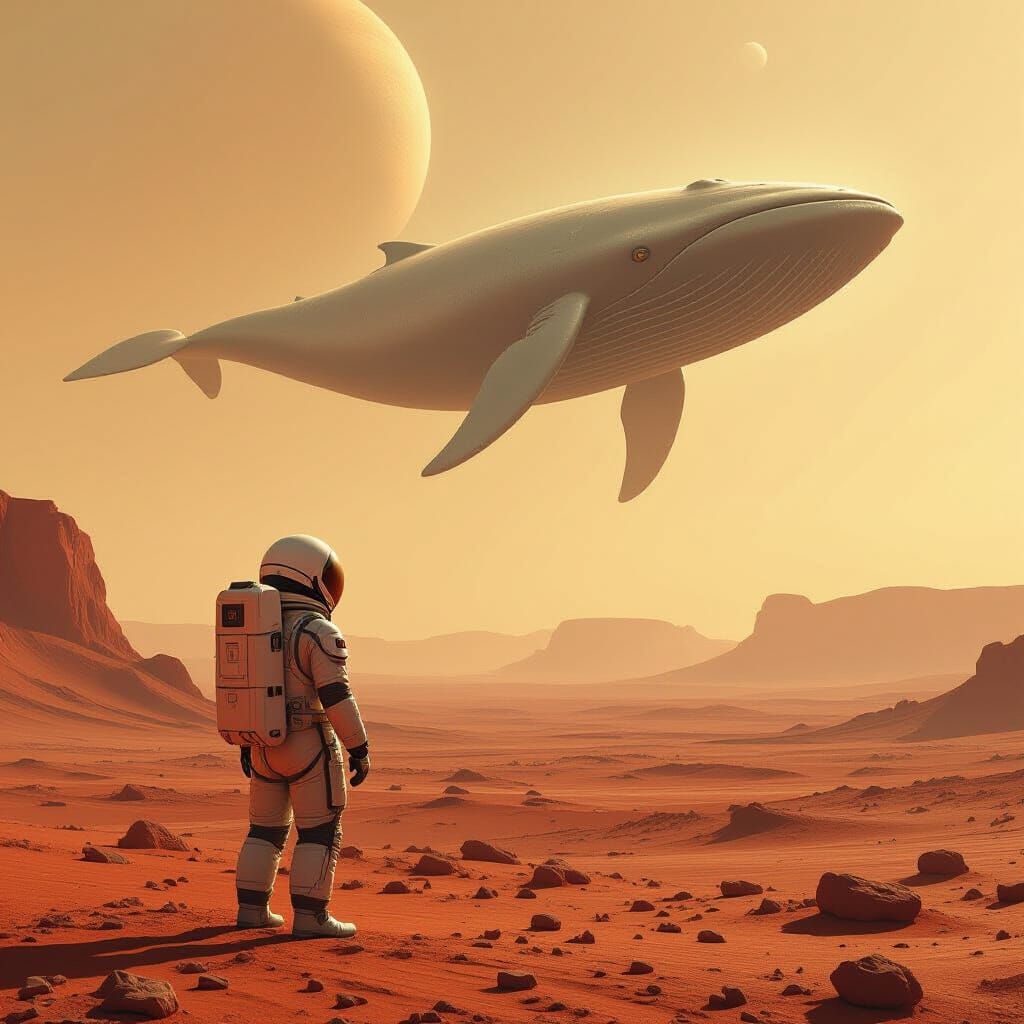 Astronaut Meets Ethereal Whale on Red Planet