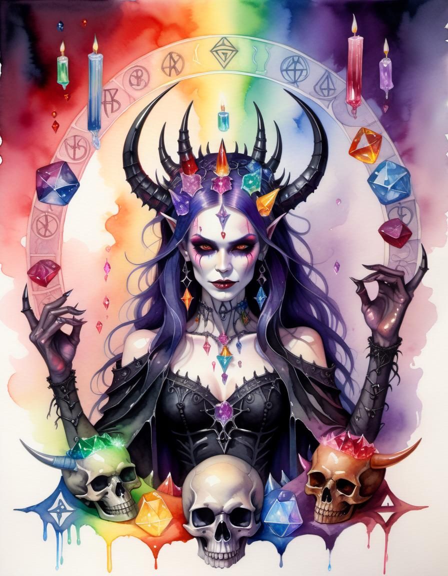 Gothic Demoness on Skull Throne in Watercolor