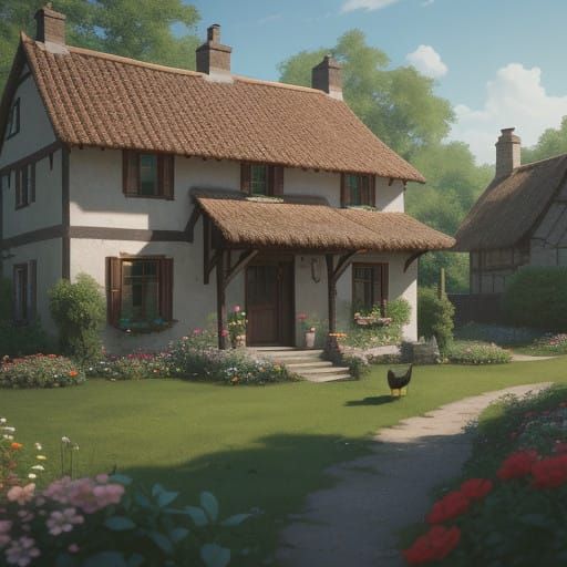 Serene Countryside Scene with Lady and Rustic Abode in Vibra...