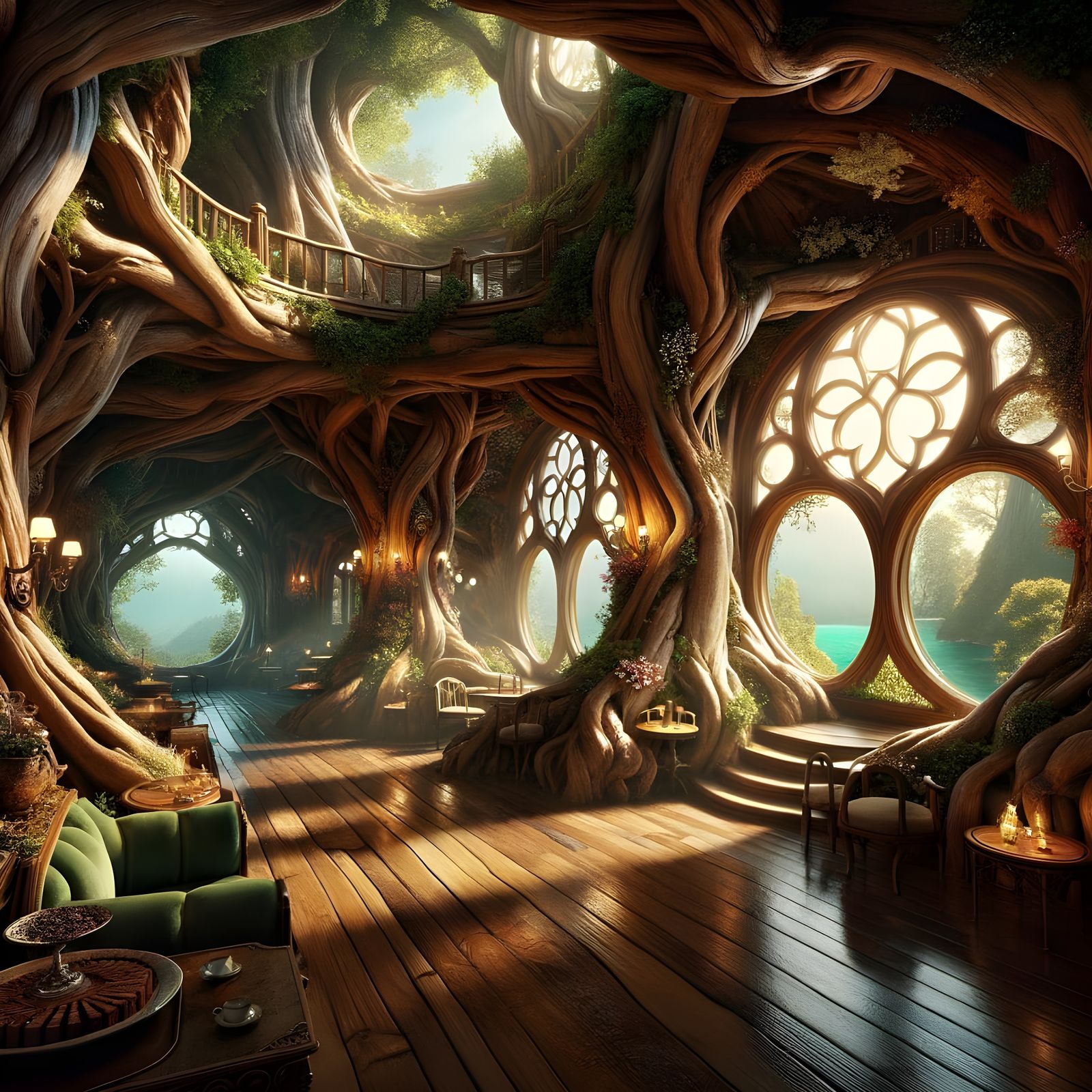 Tree Branch Walkway with Forest Views and Cafe Ambiance