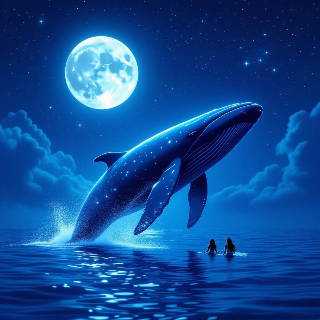 Bioluminescent Whale Breaching Under Double Moon