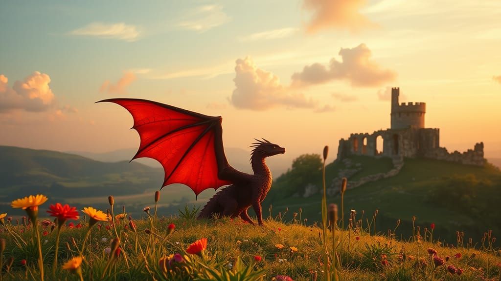 Majestic Red Dragon Amidst a Ruined Romanesque Castle