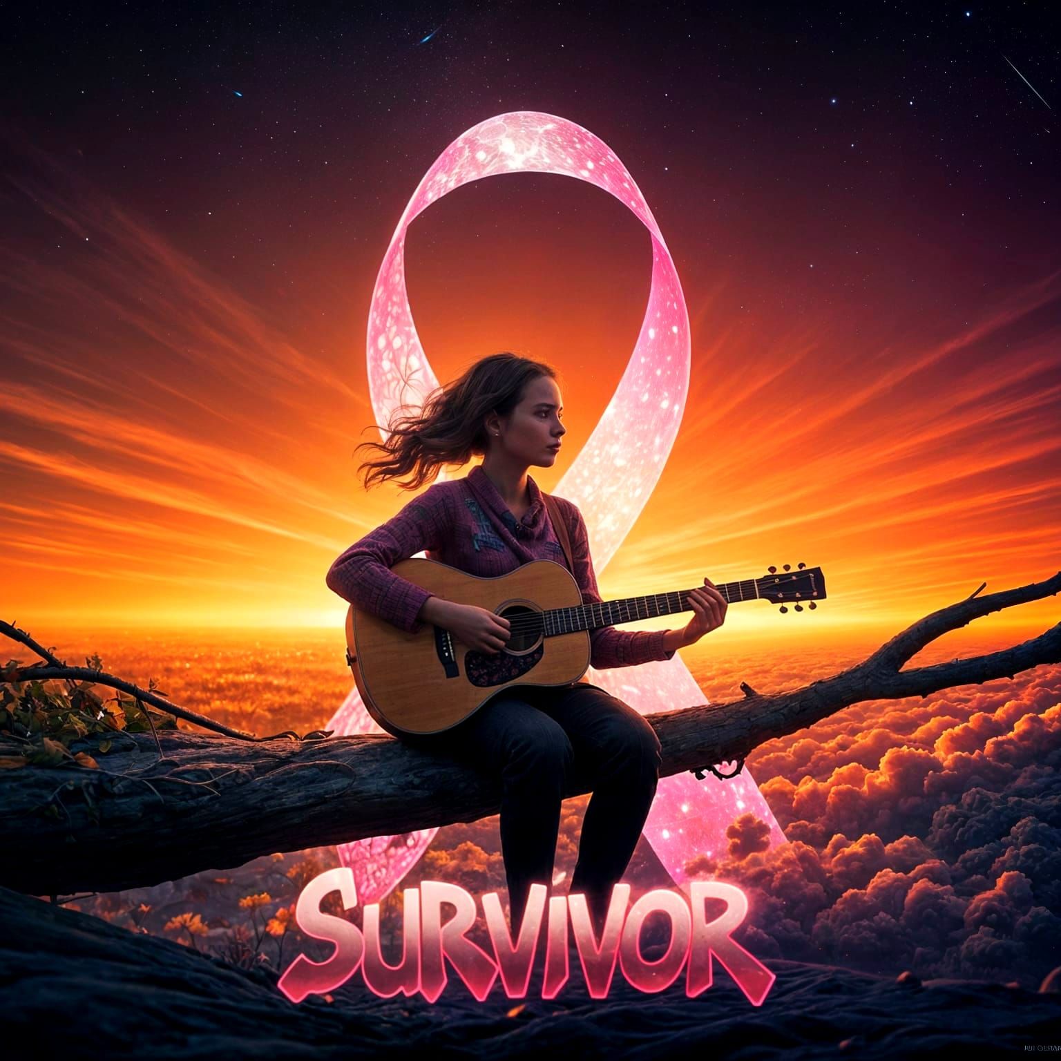 Resilient Woman Plays Guitar in Nebula Sky