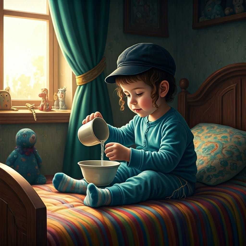 Whimsical Hasidic Boy in Dreamlike Bedroom Scene