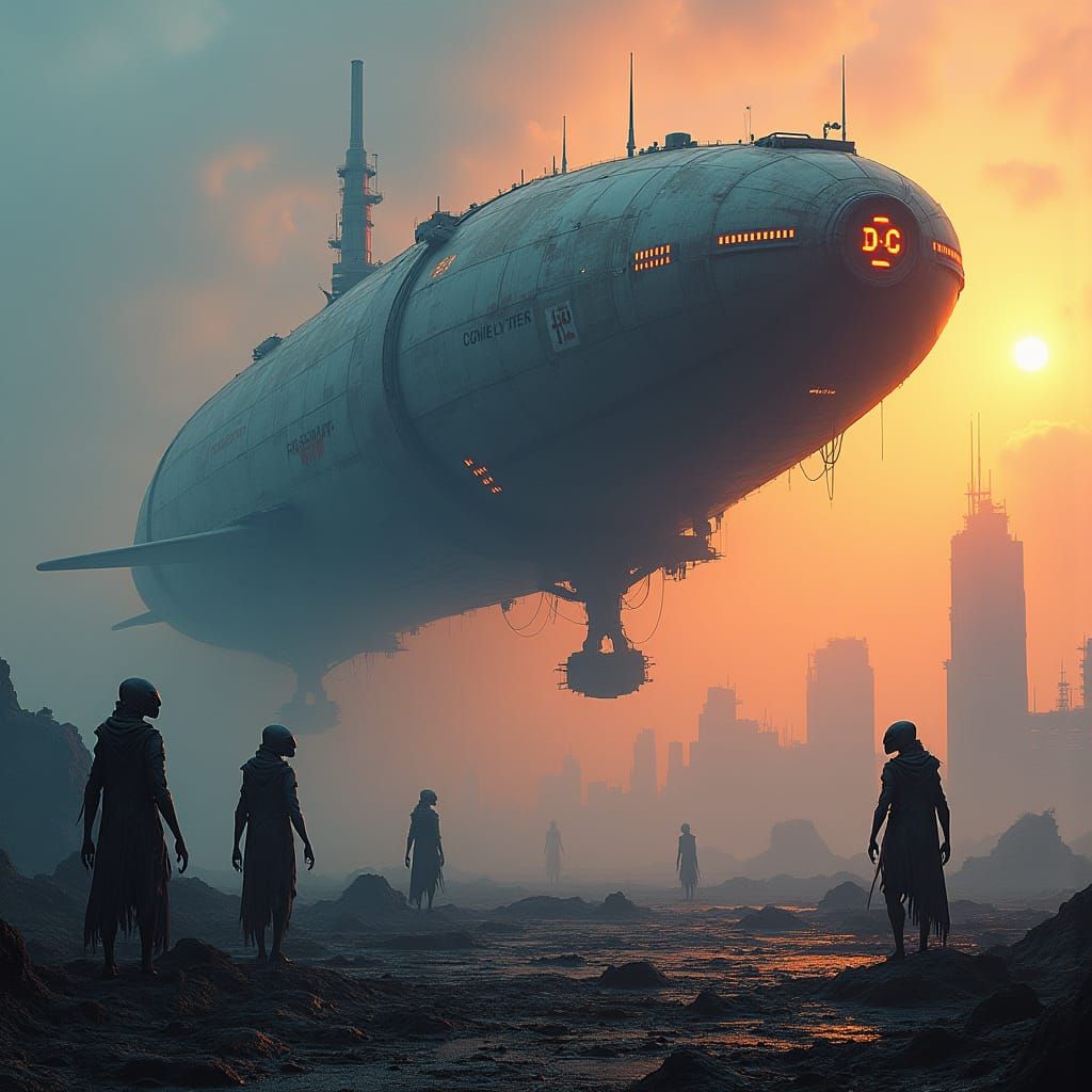 Industrial Spaceship Landing on Dystopian Alien Planet