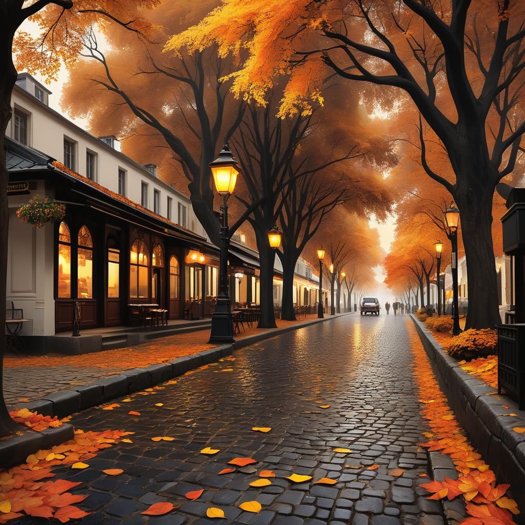 Autumn Townscape with Fiery Foliage, Detailed Matte Painting