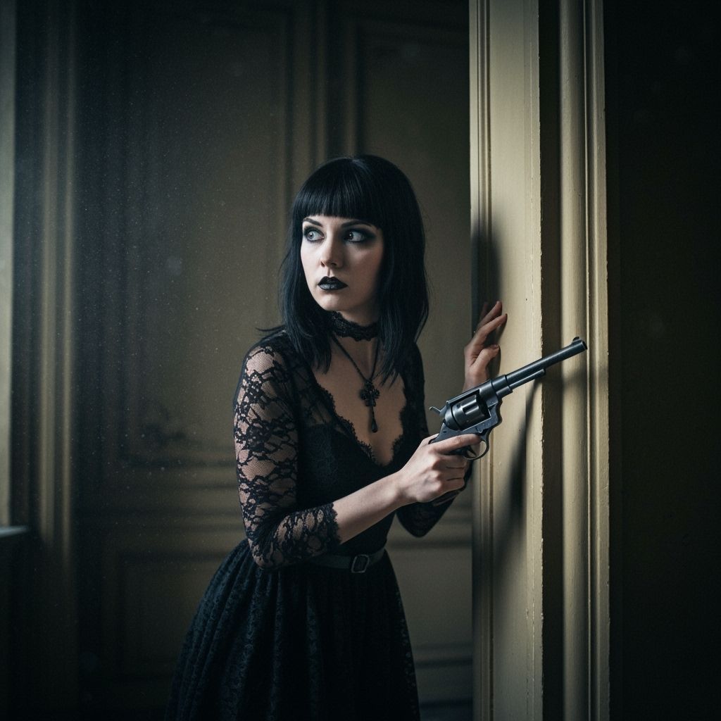 Nervous Goth Woman with Vintage Revolver in Haunted Mansion