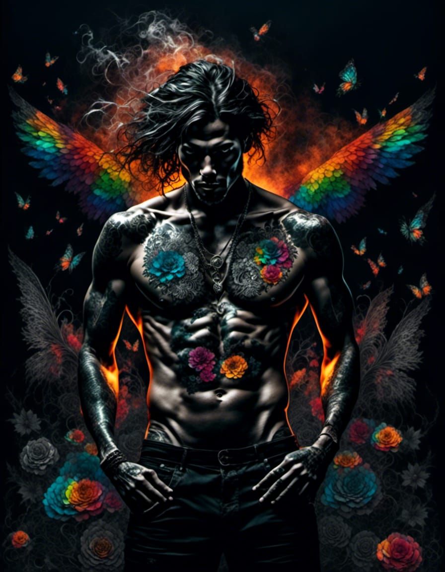 Man with Molten Heart and Rainbow Floral Background