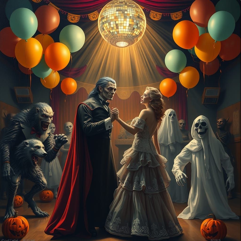 Monsters' Prom: A Halloween Dance Oil Painting