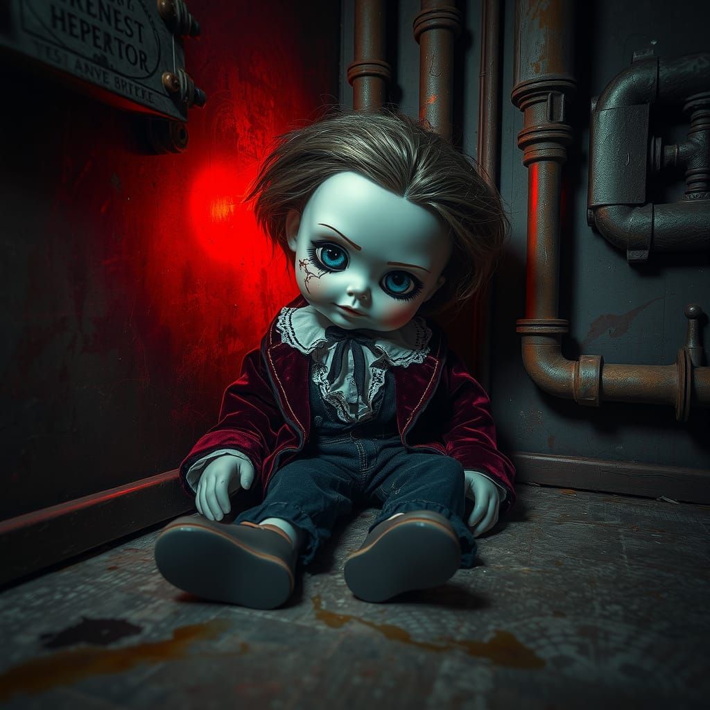 Gothic Doll in Ruin, Eerie Red Glow