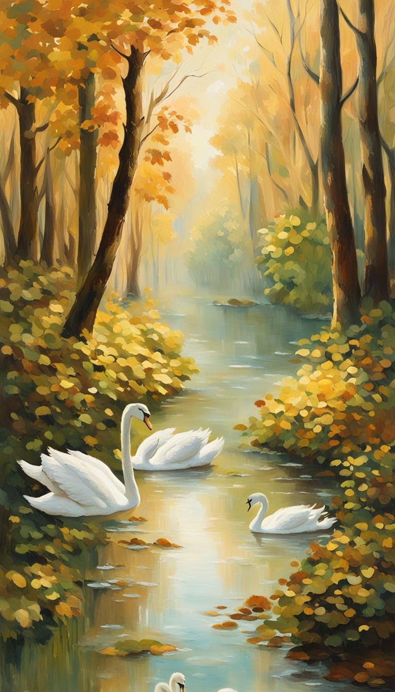 White Swans in Autumn Impressionist Landscape