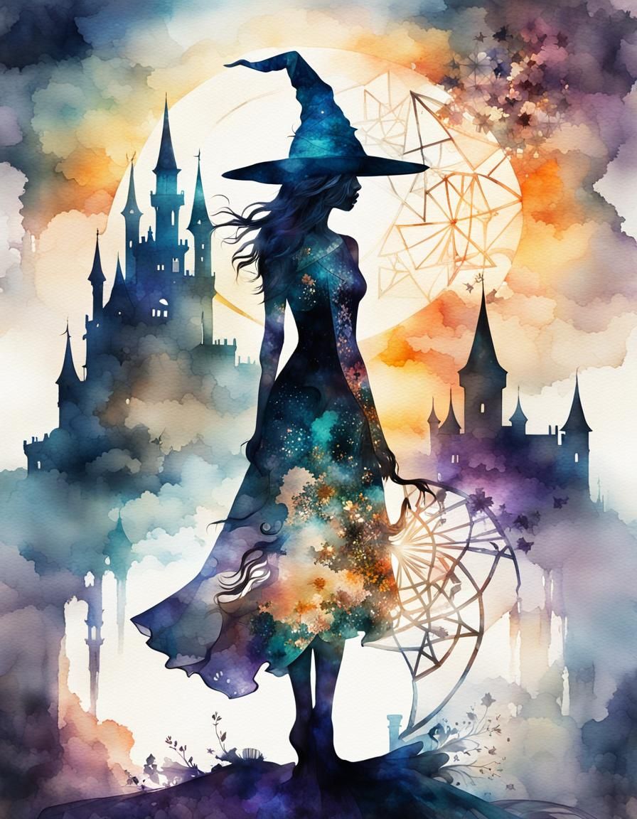 Fantasy Sorceress Silhouette in Watercolor Style