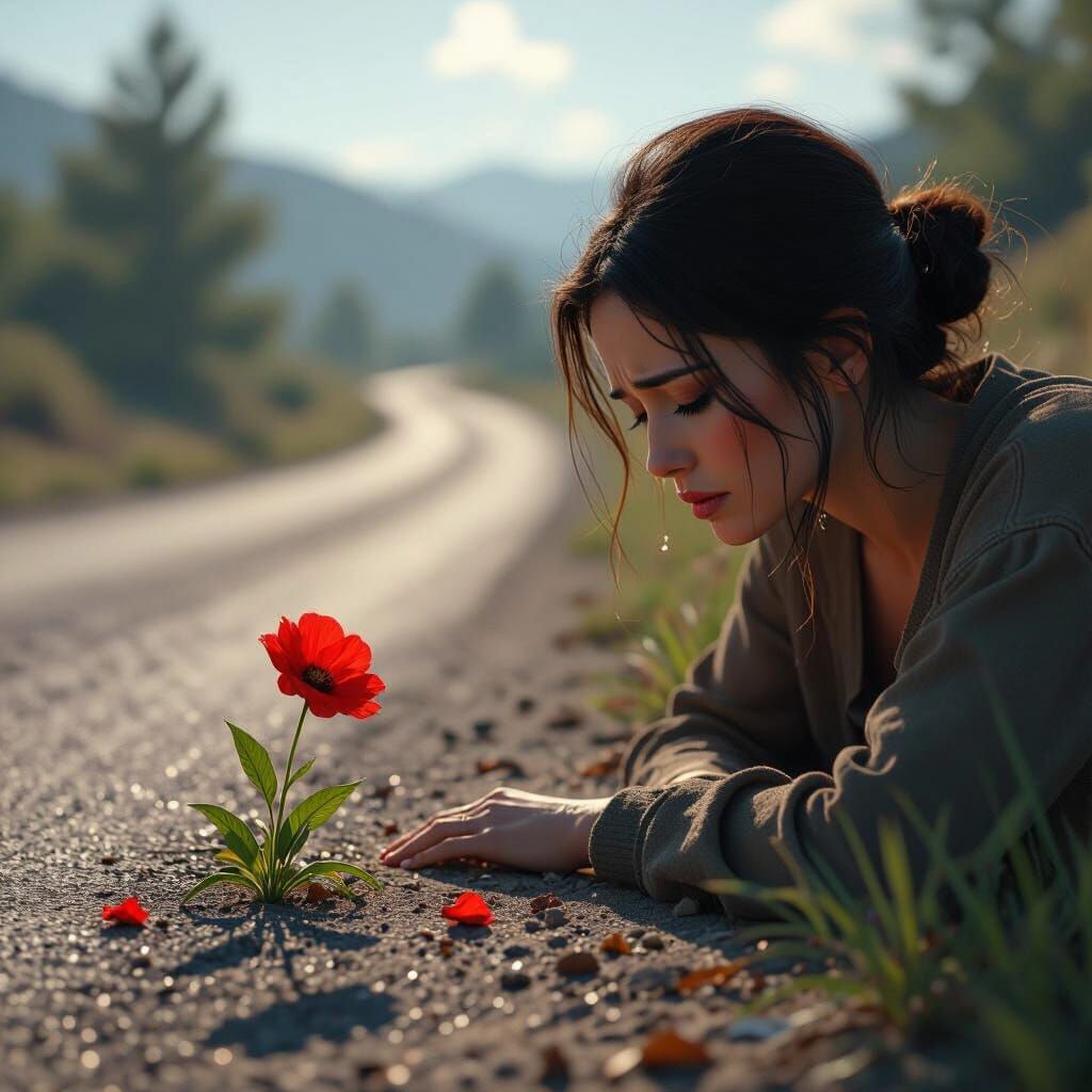 Woman Weeping by Roadside with Red Flower - Hyperrealistic 3...