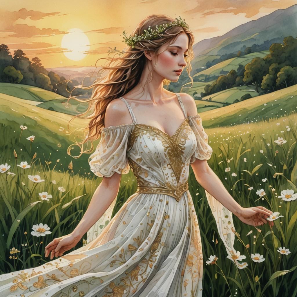 Fairy in Sunrise Landscape as Ink Painting