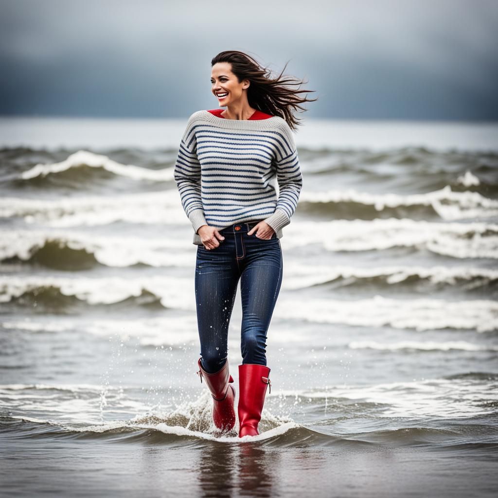 Woman Enjoys Rainy Day at the Beach