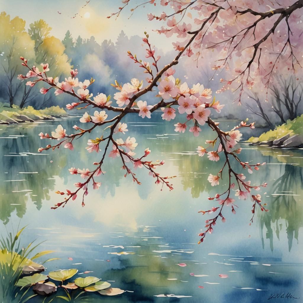 Ethereal Cherry Blossoms in Watercolor Painting