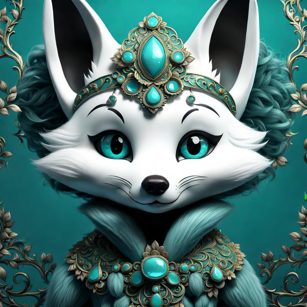 Teal Chibi Fox Portrait in Watercolor Style