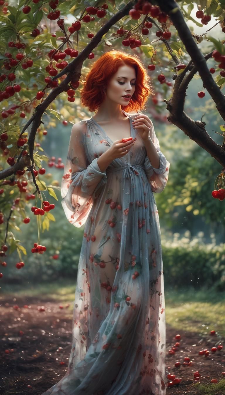 Redhead Picking Cherries in Watercolour Style