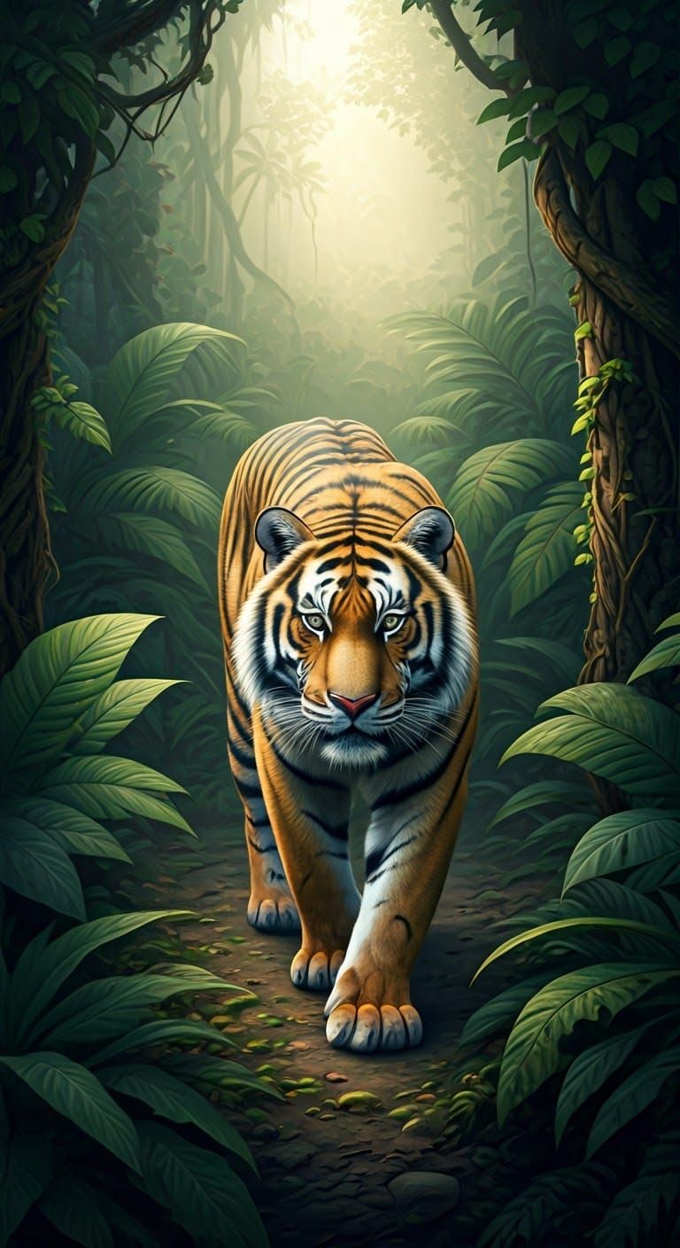 Bengal Tiger in a Dark Mystical Jungle