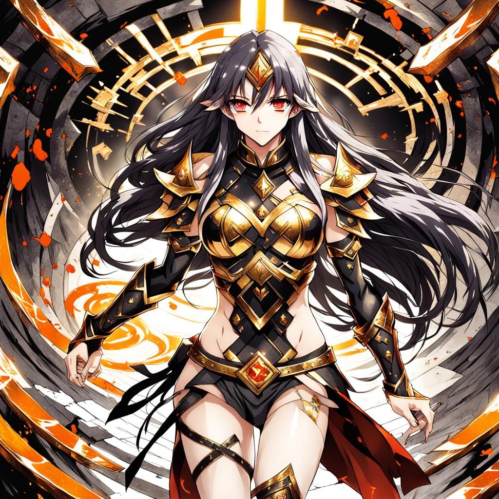 Warrior Girl in Gold Armor in Marble Labyrinth